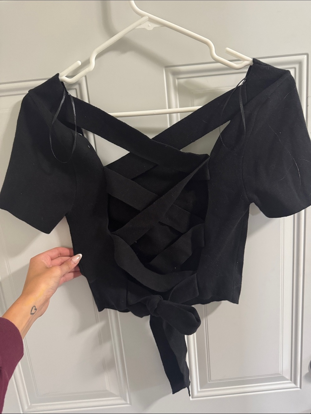 Women’s Black Short Sleeve Strappy Cutout Top